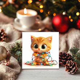 Orange Kitty Cauwn in Holiday Lights Holiday Card Feiertagskarte