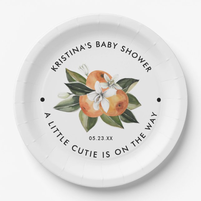 Orange kleine Süsse ist auf dem Weg Babydusche Pappteller (Vorderseite)