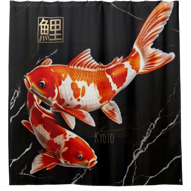 Orange Koi Fish Black Marble|Gold Duschvorhang (Vorderseite)