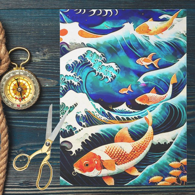 Orange Koi Fish in a Great Wave Japanese Style   Seidenpapier (Von Creator hochgeladen)
