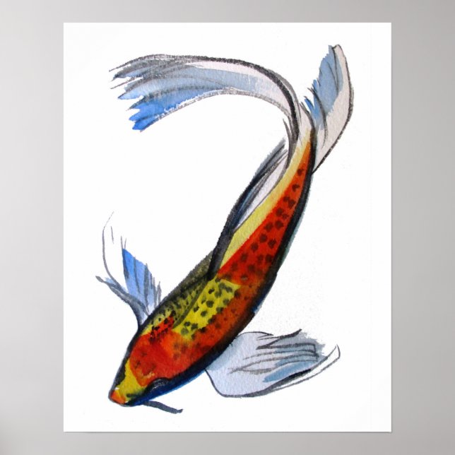Orange Koi Japanische Aquarellkunst Poster (Vorne)