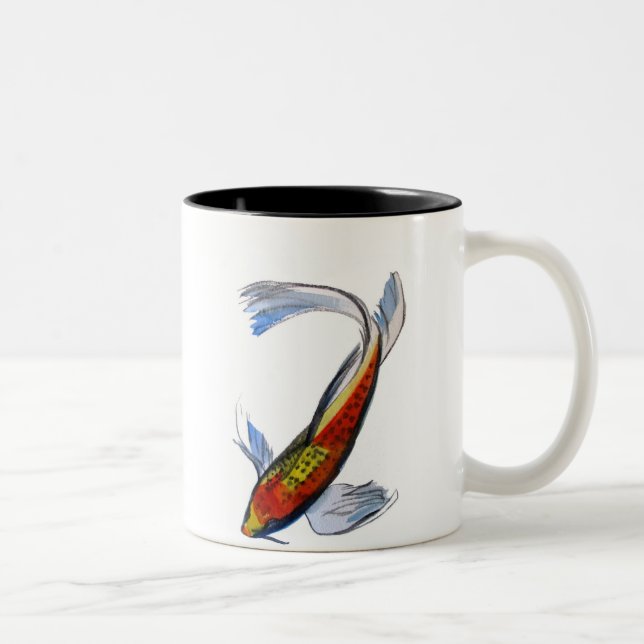 Orange Koi Japanischer Aquarellkarpfen Zweifarbige Tasse (Rechts)