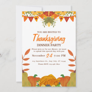 Orange Kürbis Thanksgiving-Dinnerparty Ausdruckbar Einladung