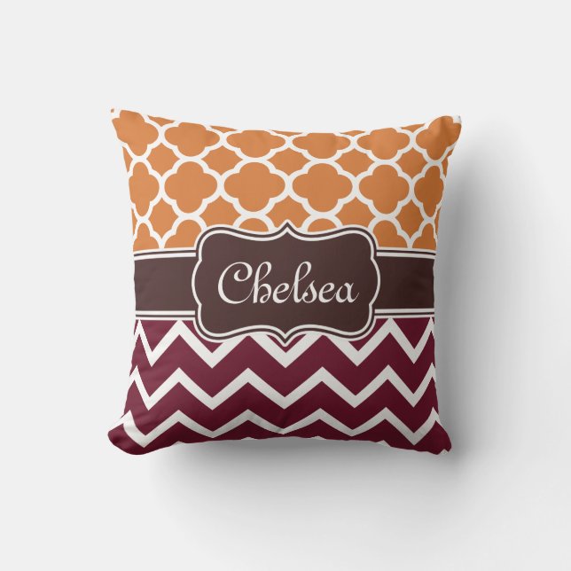 Orange Lattice Maroon Zickzack Muster Braun Name Kissen (Vorderseite)