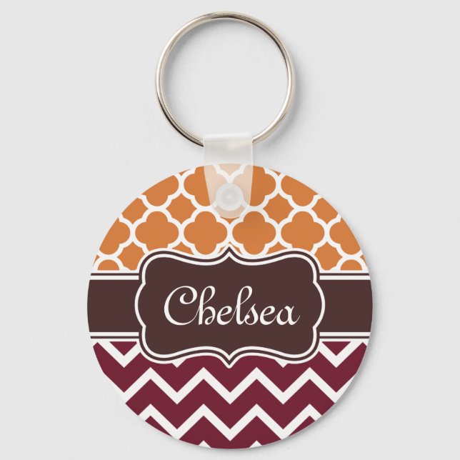 Orange Lattice Maroon Zickzack Muster Braun Name Schlüsselanhänger (Vorderseite)