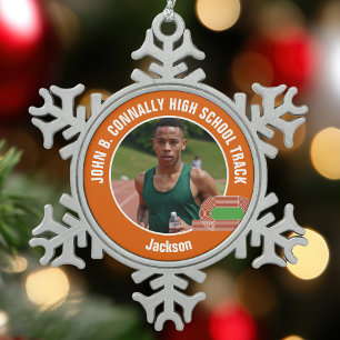 Orange Leichtathletik-Foto-Hochschulsportler Schneeflocken Zinn-Ornament