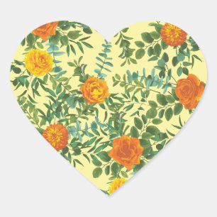 Orange & Light Yellow Peony & Rose Blumenhochzeit Herz-Aufkleber
