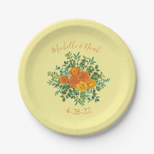 Orange & Light Yellow Peony & Rose Blumenhochzeit Pappteller (Vorderseite)