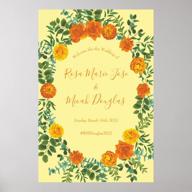 Orange & Light Yellow Peony & Rose Blumenhochzeit Poster (Vorne)
