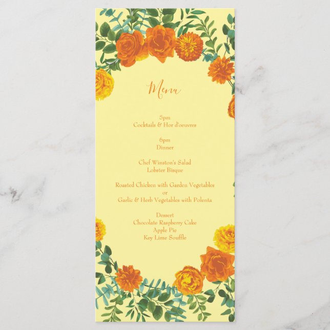 Orange & Light Yellow Peony & Rose Wedding Menu Menükarte (Vorderseite)