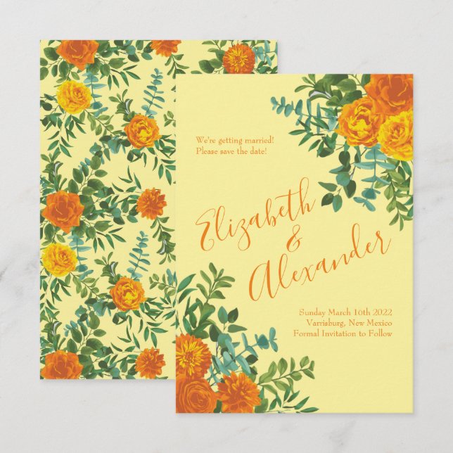 Orange Light Yellow Peony Rose Wedding Rett Date Einladung (Vorne/Hinten)
