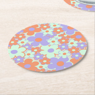 Orange Lila Blau Retro Y2K 70er Blumenmuster Runder Pappuntersetzer