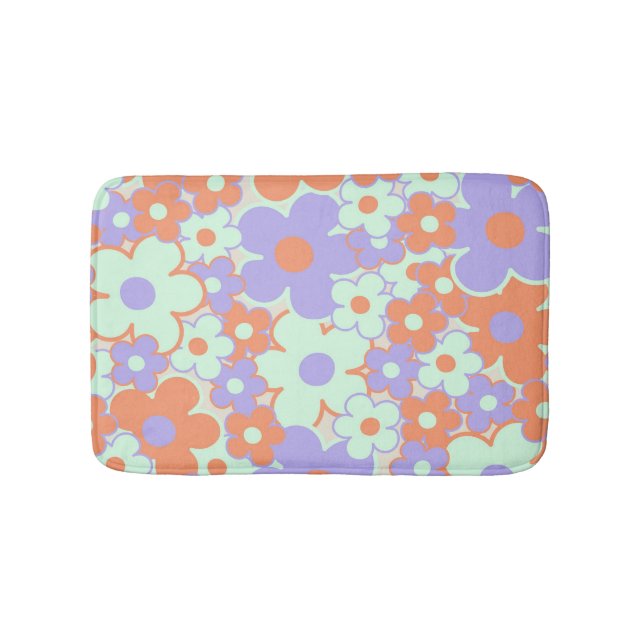 Orange Lila Blue Retro Y2K 70er Blume Muster Badematte (Vorderseite)