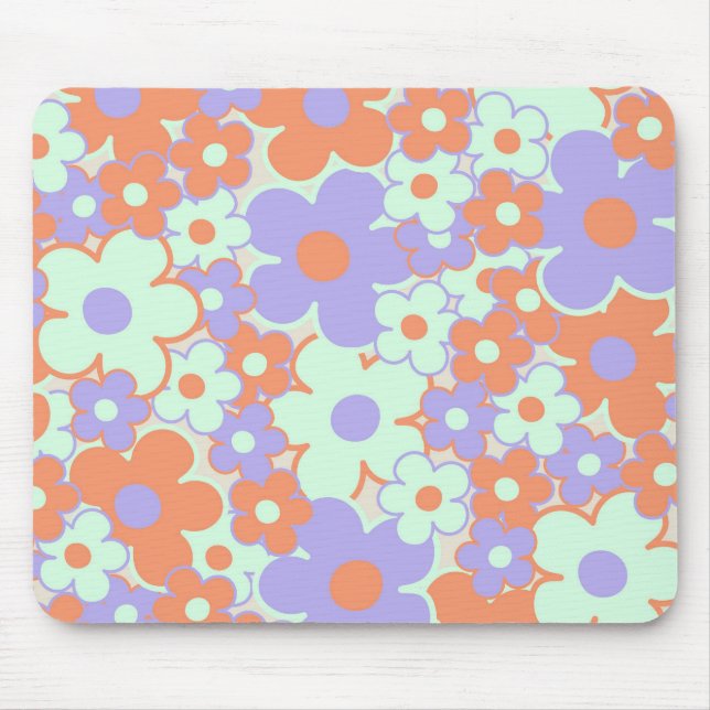 Orange Lila Blue Retro Y2K 70er Blume Muster Mousepad (Vorne)