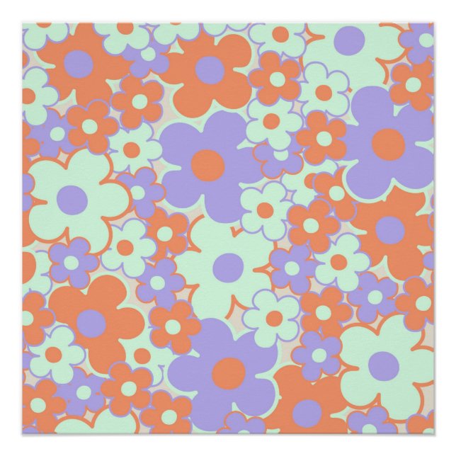 Orange Lila Blue Retro Y2K 70er Blume Muster Poster (Vorderseite)