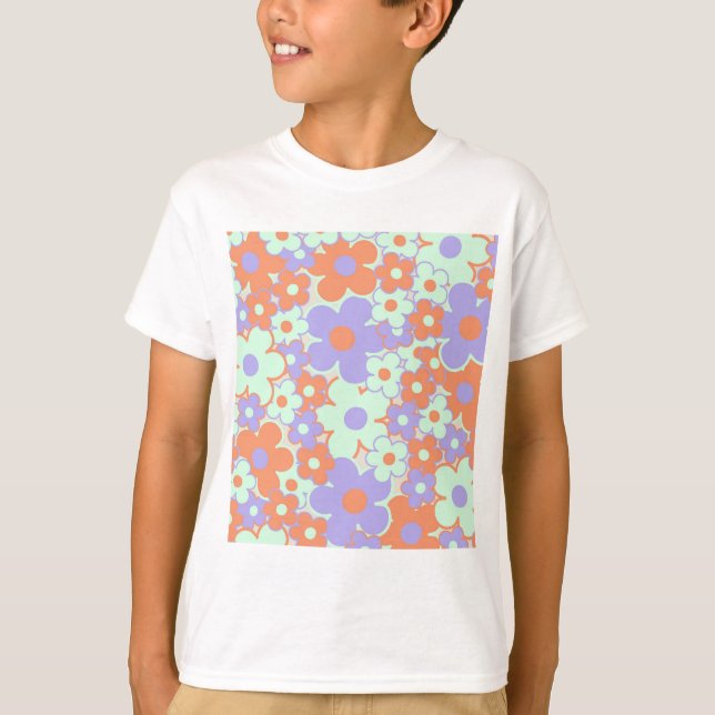 Orange Lila Blue Retro Y2K 70er Blume Muster T-Shirt (Vorderseite)