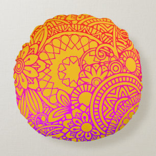 Orange Lila Blumen und Gelber Hintergrund Rou Rundes Kissen