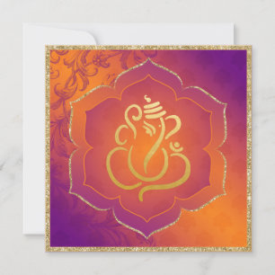 Orange Lila Damask Gold Ganesh Indian Wedding Einladung