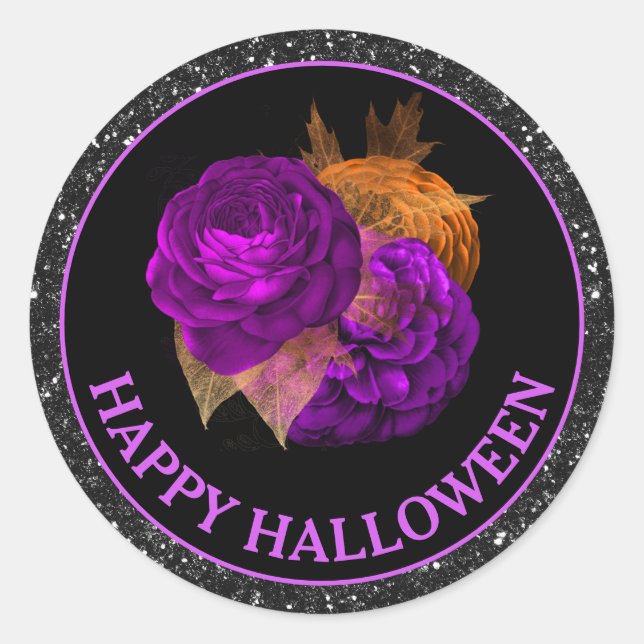 Orange & Lila Fall Blume Frohe Halloween Runder Aufkleber (Vorderseite)