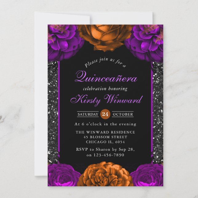 Orange & Lila Fall Blume Halloween Quinceanera Einladung (Vorderseite)