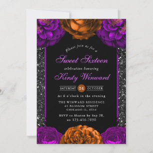 Orange & Lila Fall Blume Halloween Sweet 16 Einladung