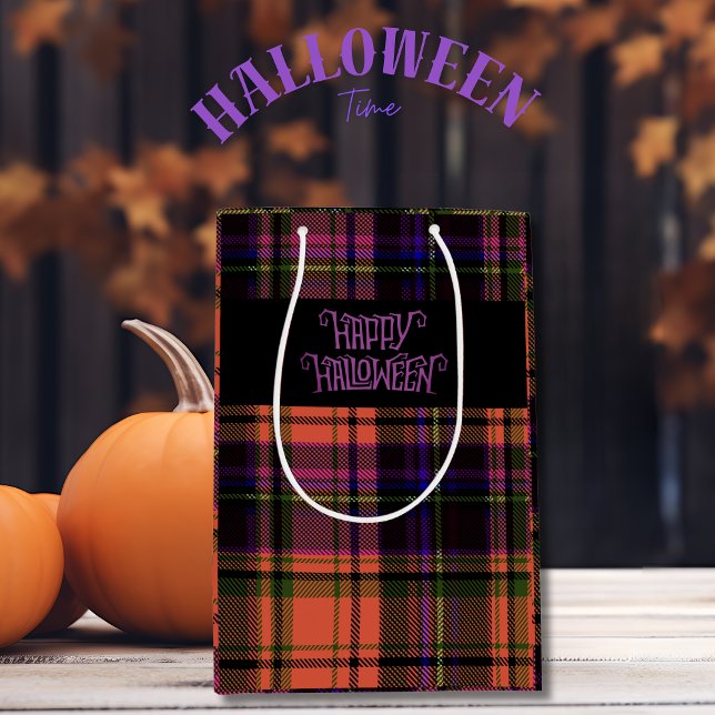 Orange Lila Happy Halloween Karierte Geschenktasch Mittlere Geschenktüte (Orange Purple Happy Halloween Plaid Gift Bag)