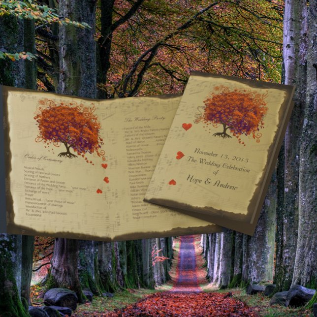 Orange & Lila Heart Leaf Tree Wedding Program (Von Creator hochgeladen)