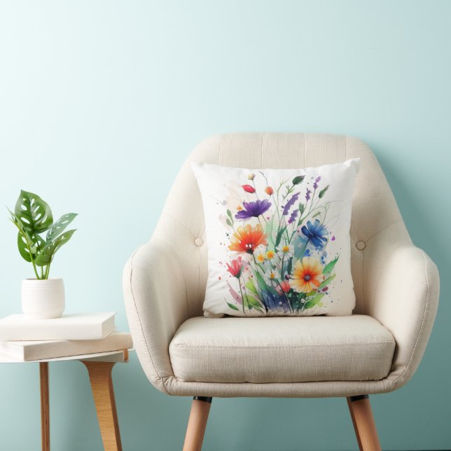 Orange Lila Red Blue Watercolor Wildblumen Kissen (Stuhl )