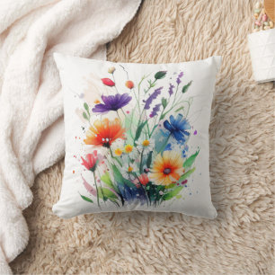 Orange Lila Rot Blau Aquarell Blumen Kissen