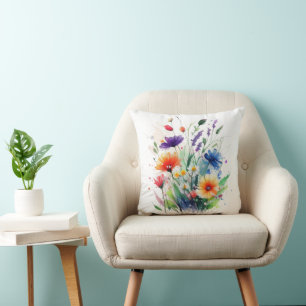 Orange Lila Rot Blau Aquarell Wildblumen Kissen