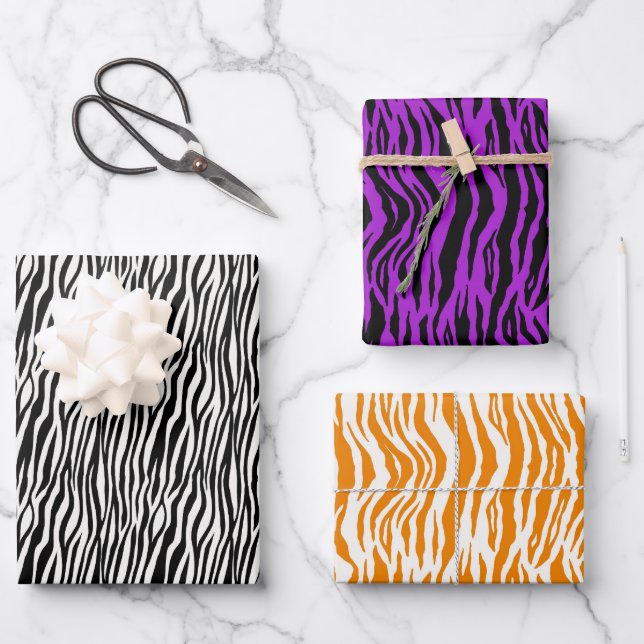 Orange Lila Schwarz-weißes Zebra Geschenkpapier Set (Vorderseite)