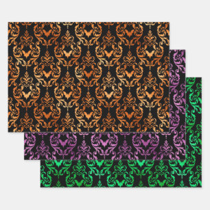 Orange, Lila und Grüne Fledermaus Halloween Damast Geschenkpapier Set