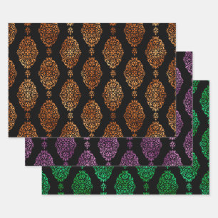 Orange, Lila und Grüne Halloween-Damaske Geschenkpapier Set