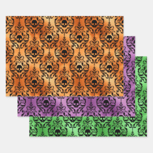 Orange, Lila und Grüner Totenkopf Halloween Damast Geschenkpapier Set