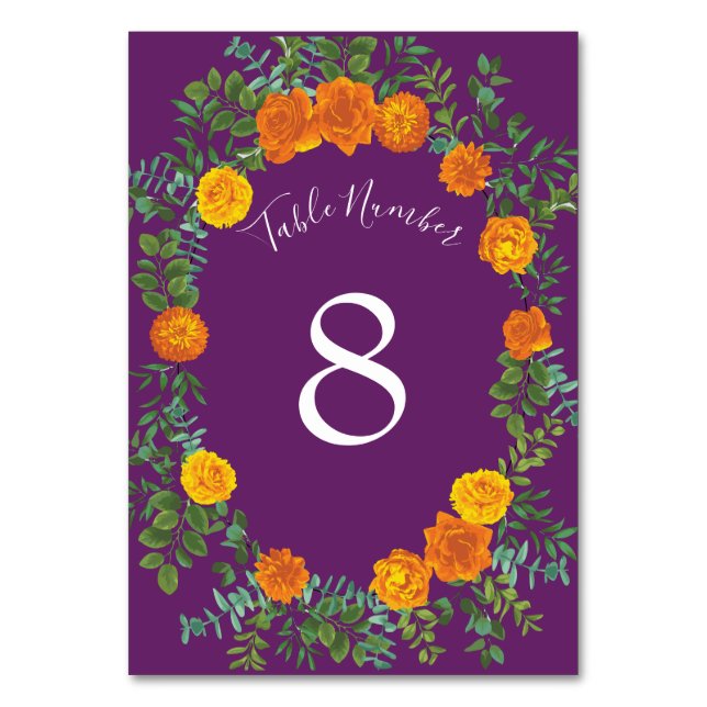 Orange Lila Wedding Rose Floral Tischnummer (Rückseite)