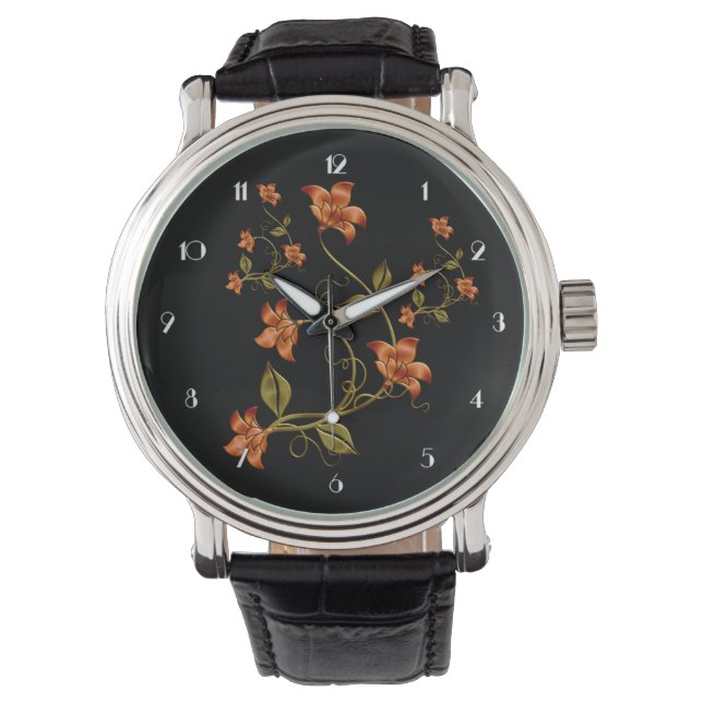 Orange Lilien Blumenmuster Schwarze Armbanduhr (Vorderseite)