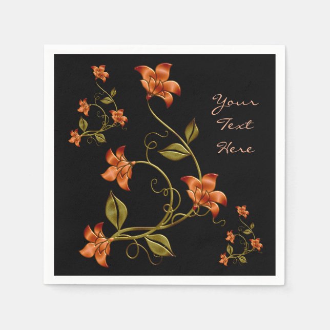 Orange Lilien Blumenmuster Schwarze Napkins Serviette (Vorderseite)