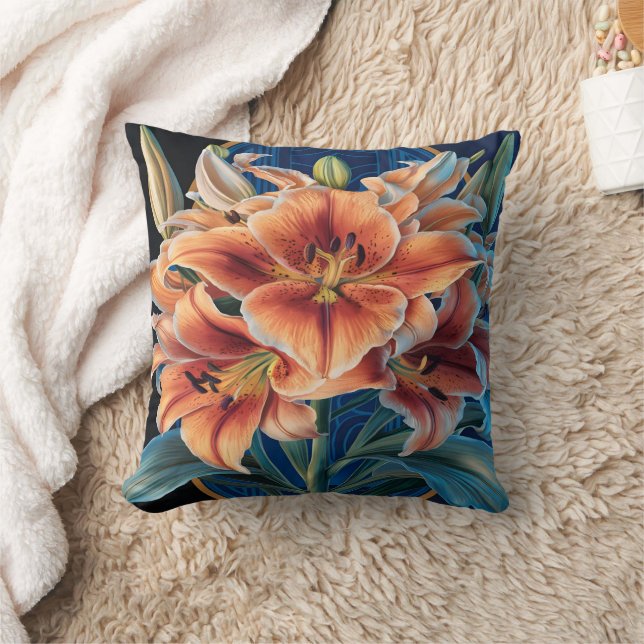 Orange Lilies Bloom auf Blue Kissen (Decke)