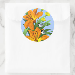 Orange Lilies und Chickadee Runder Aufkleber