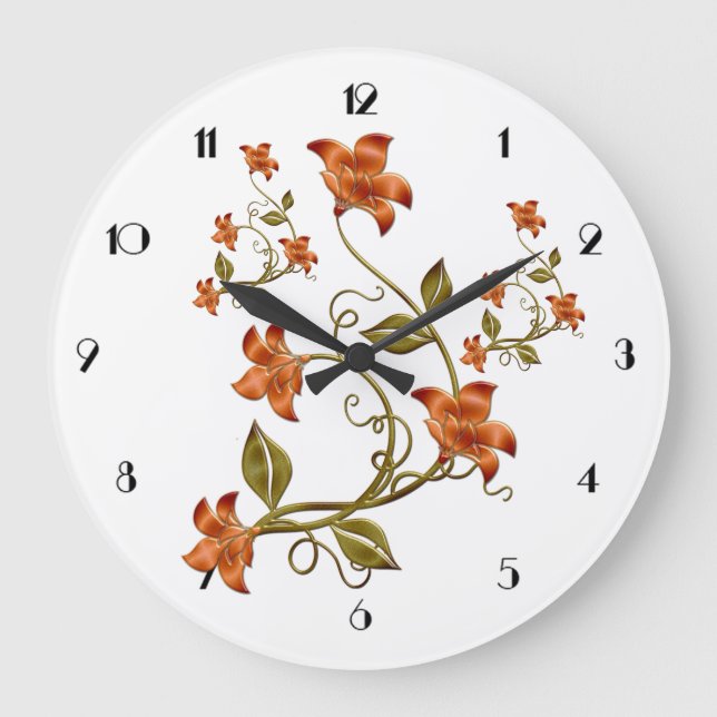 Orange Lillies Floral Motif Mur Horloge (Recto)