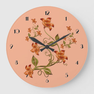 Orange Lillies Floral Motif Peach Mur Horloge