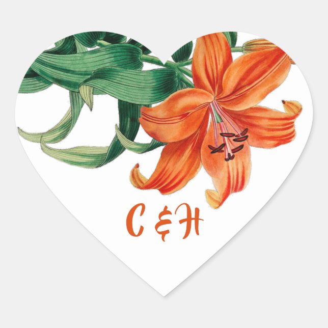 Orange Lily Floral Elegante Hochzeit Herz-Aufkleber (Vorderseite)