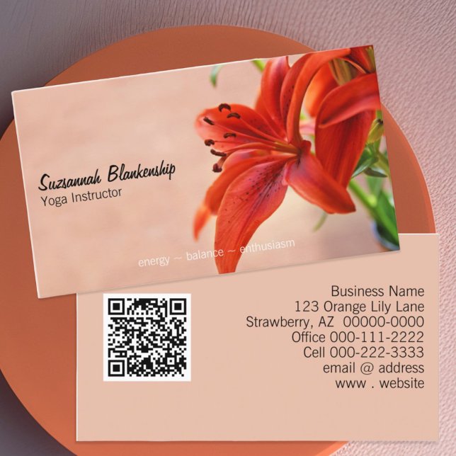 Orange Lily Foto Yoga Instructor QR Code Visitenkarte (business card front and back with qr code)