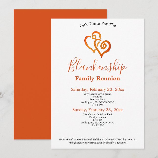 Orange Linked Hearts Family Wiedersehen Template Einladung (Vorne/Hinten)