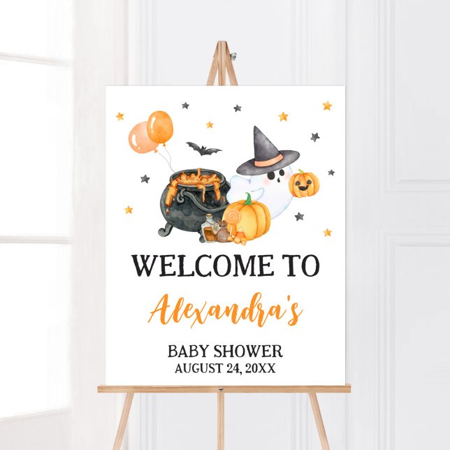 Orange Little Boo Ghost Baby Dusche Willkommen Poster (Ghost Halloween Baby Shower Welcome Sign)