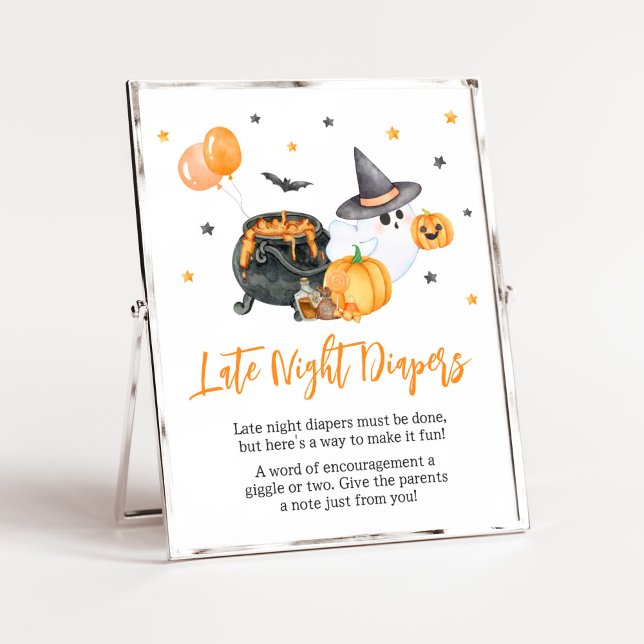 Orange Little Boo Ghost Spate Night Diapers Poster (Ghost Halloween Baby Shower Late Night Diapers Sign)