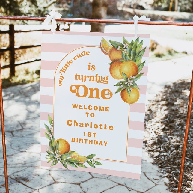 Orange Little Cutie Une 1ère Affiche de bienvenue  (Editable Our Little Cutie Birthday Welcome Sign Girls Clementine Oranges Birthday Party Welcome Sign)
