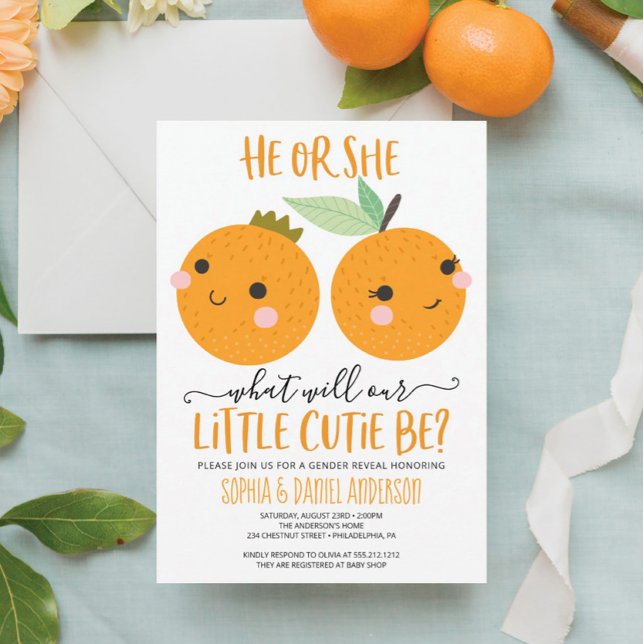 Orange Little Süsse Citrus Moderne Gender Reveal Einladung (Von Creator hochgeladen)