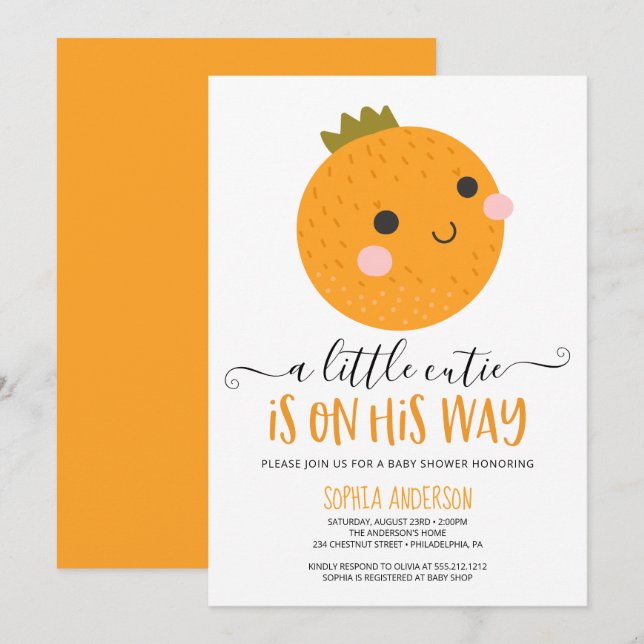 Orange Little Süsse Citrus Moderne Kinderdusche Einladung (Vorne/Hinten)