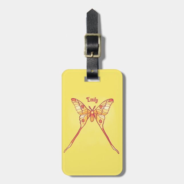 Orange Luna Moth Kunst, Dichtung und Musik Gepäckanhänger (Vorderseite vertikal)